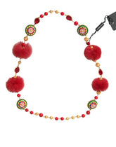 Dolce & Gabbana Gold Brass Red Fur Crystal Carretto Chain Necklace -   -  Dolce & Gabbana.